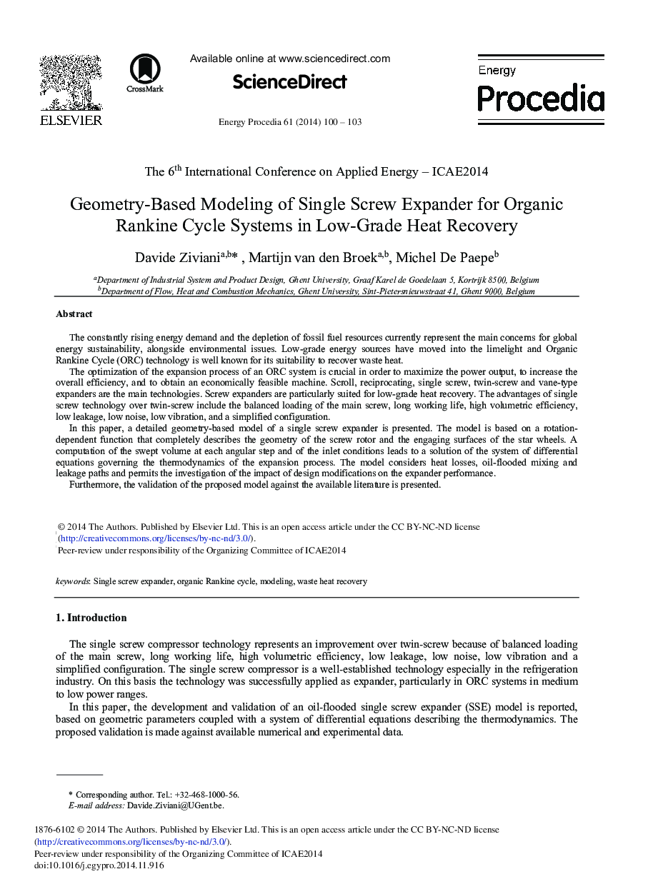 Geometry-based Modeling of Single Screw Expander for Organic Rankine Cycle Systems in Low-grade Heat Recovery 