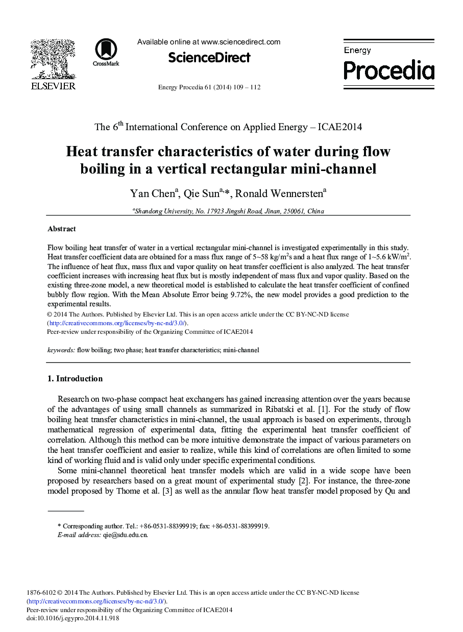 Heat Transfer Characteristics of Water During Flow Boiling in a Vertical Rectangular Mini-channel 