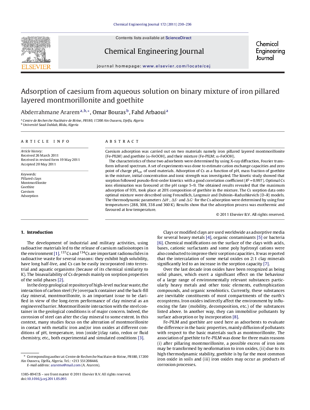 Adsorption of caesium from aqueous solution on binary mixture of iron pillared layered montmorillonite and goethite