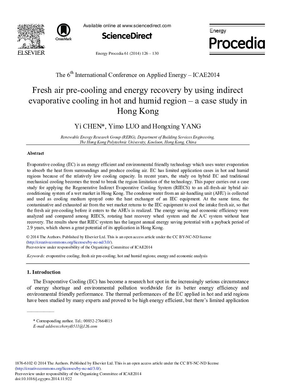 Fresh Air Pre-cooling and Energy Recovery by Using Indirect Evaporative Cooling in Hot and Humid Region – A Case Study in Hong Kong 