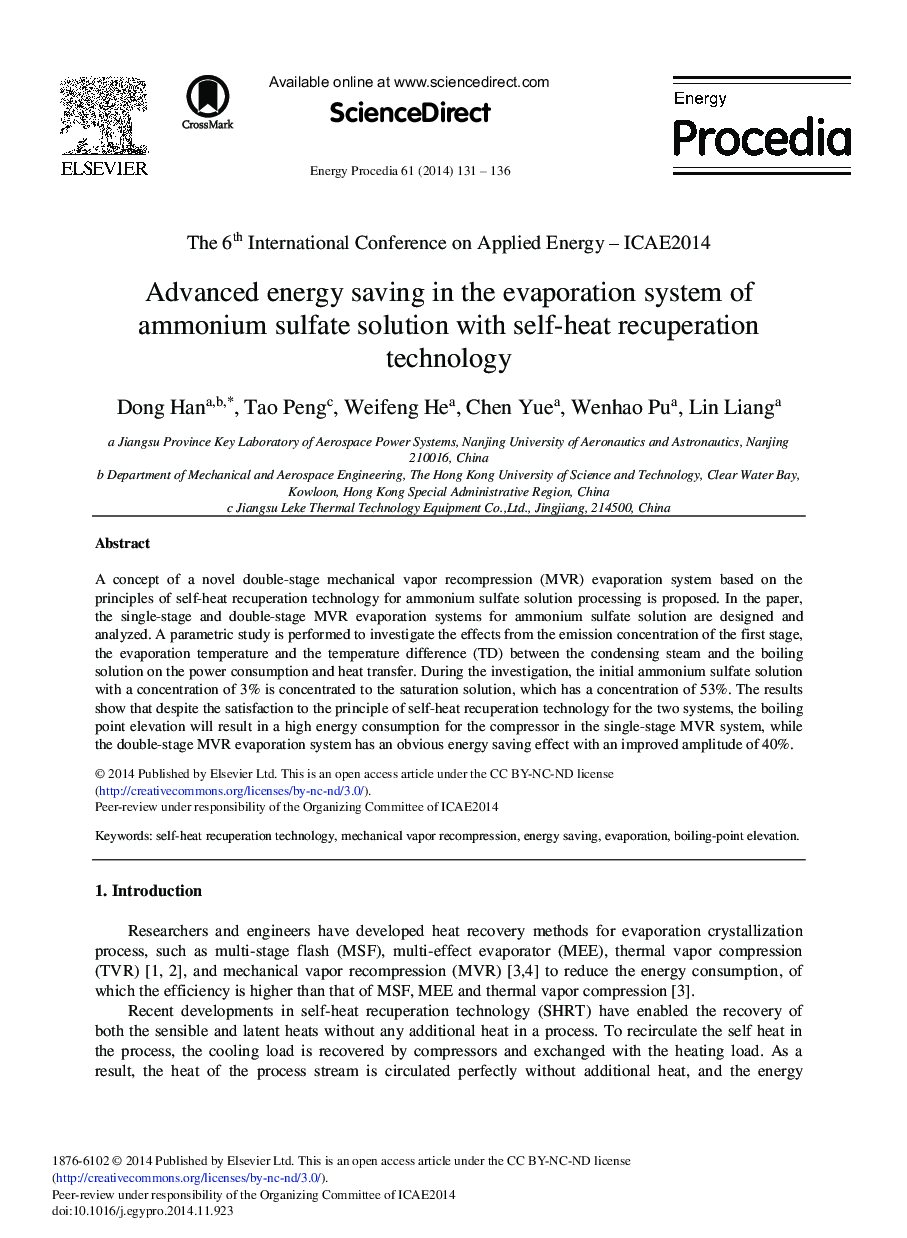 Advanced Energy Saving in the Evaporation System of Ammonium Sulfate Solution with Self-heat Recuperation Technology 