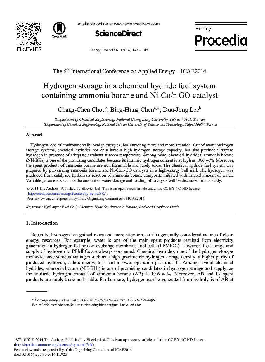 Hydrogen Storage in a Chemical Hydride Fuel System Containing Ammonia Borane and Ni-Co/r-GO Catalyst 
