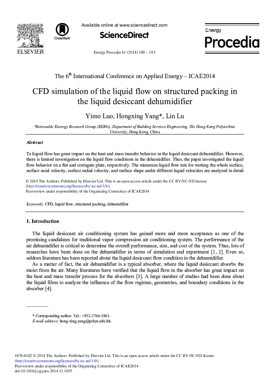 CFD Simulation of the Liquid Flow on Structured Packing in the Liquid Desiccant Dehumidifier 
