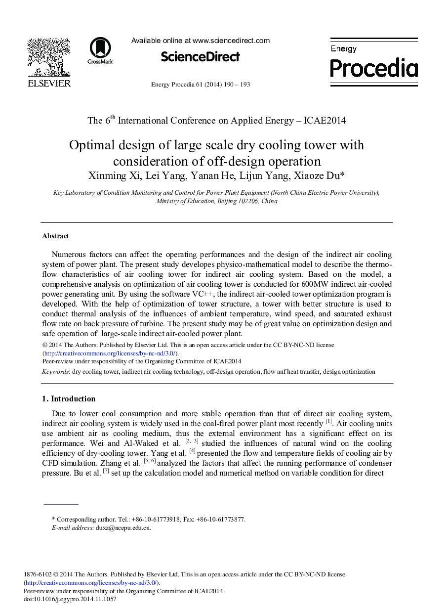 Optimal Design of Large Scale dry Cooling Tower with Consideration of Off-design Operation 