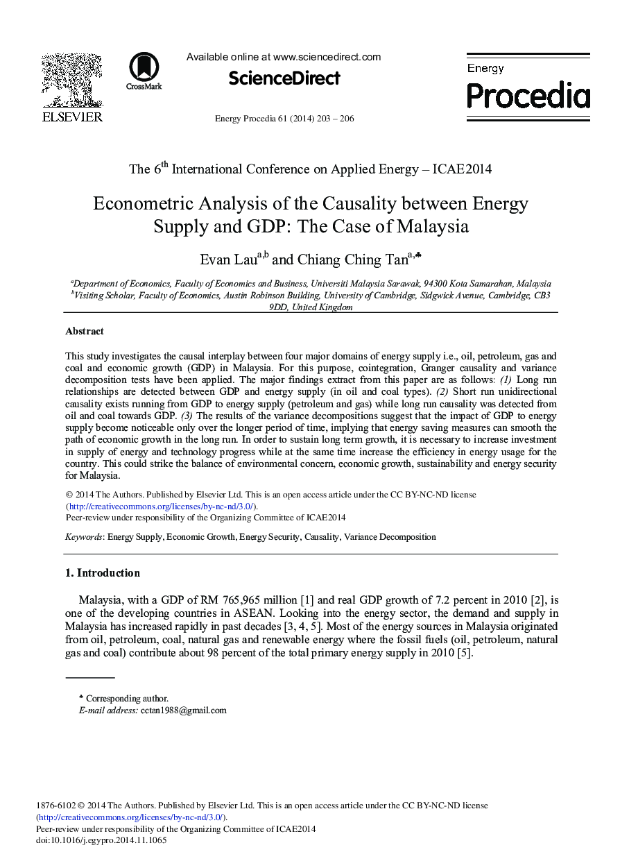 Econometric Analysis of the Causality between Energy Supply and GDP: The Case of Malaysia 