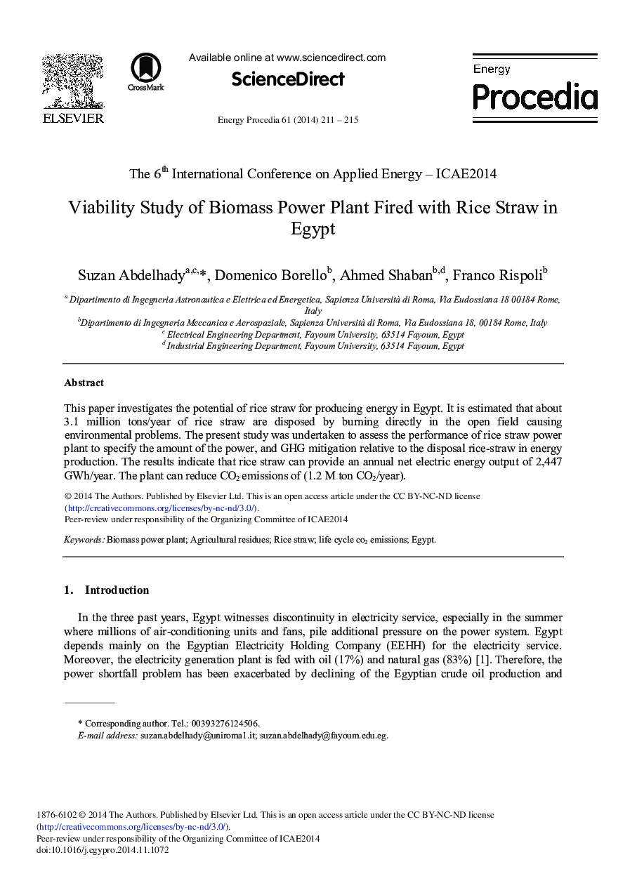 Viability Study of Biomass Power Plant Fired with Rice Straw in Egypt 