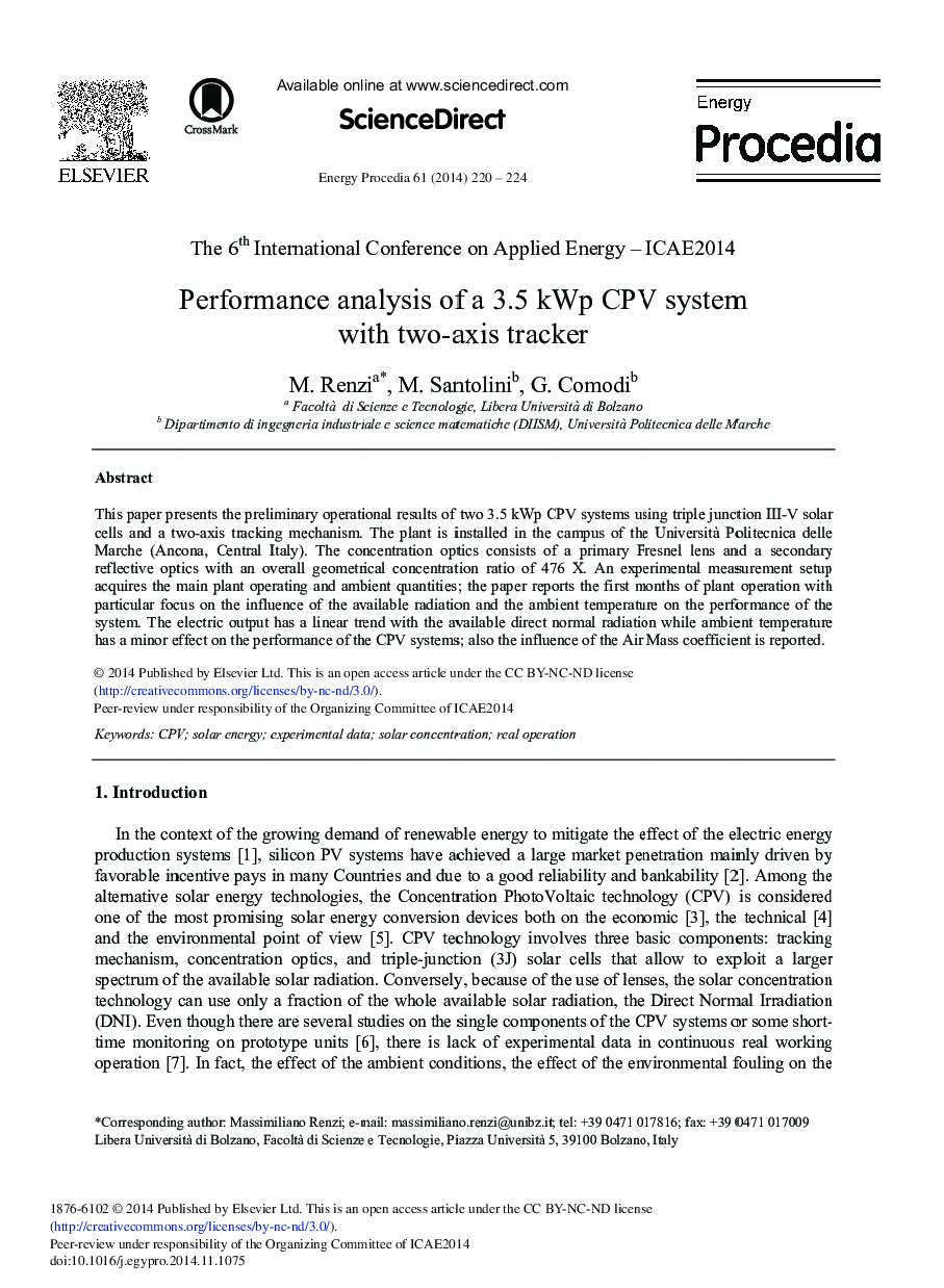 Performance Analysis of a 3.5 kWp CPV System with Two-axis Tracker 