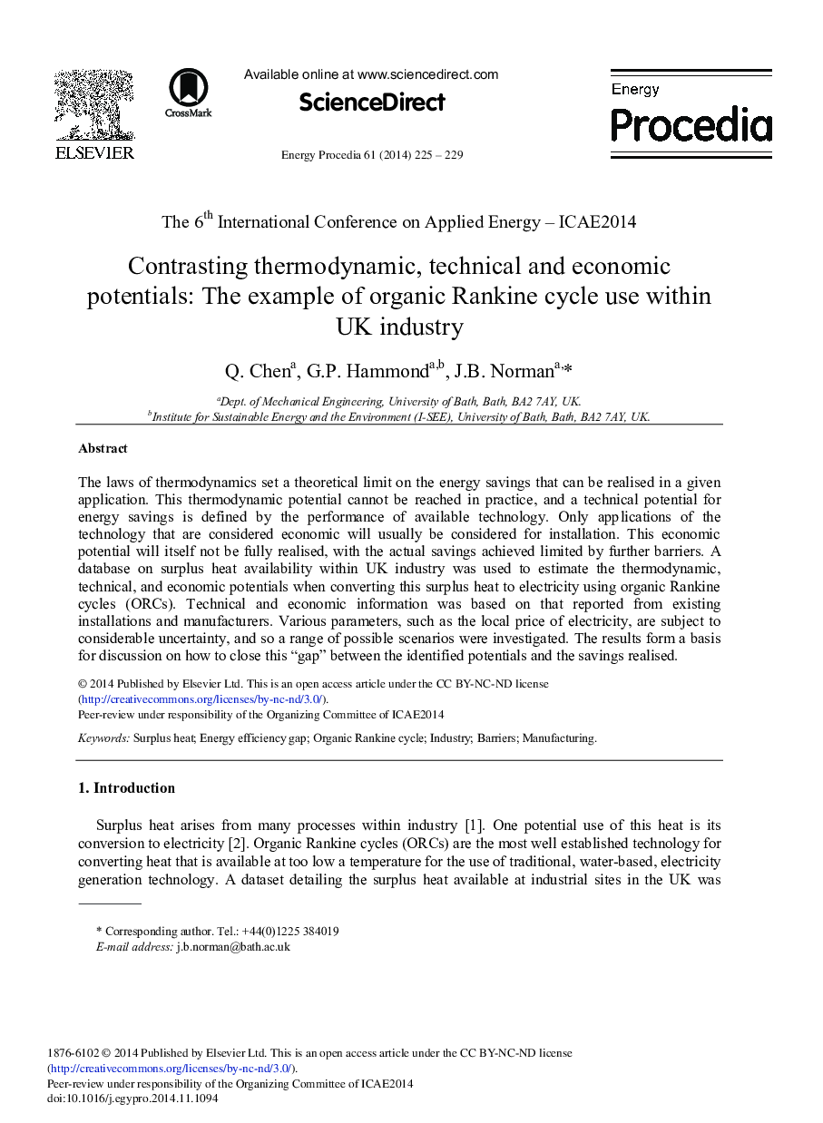 Contrasting Thermodynamic, Technical and Economic Potentials: The Example of Organic Rankine Cycle Use within UK Industry 