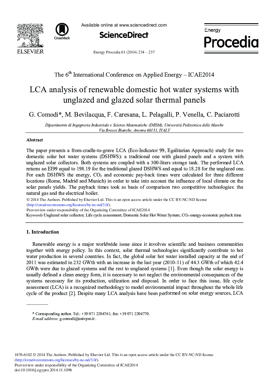 LCA Analysis of Renewable Domestic Hot Water Systems with Unglazed and Glazed Solar Thermal Panels 