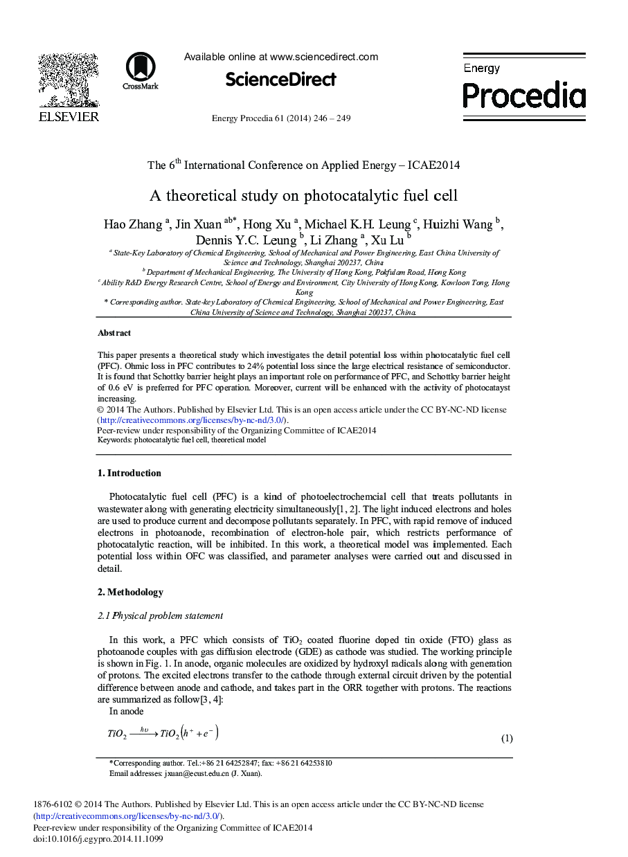 A Theoretical Study on Photocatalytic Fuel Cell 
