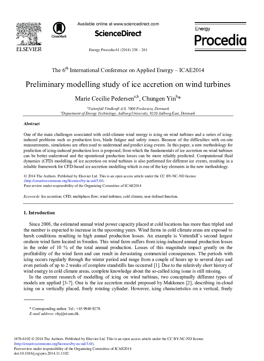 Preliminary Modelling Study of Ice Accretion on Wind Turbines 