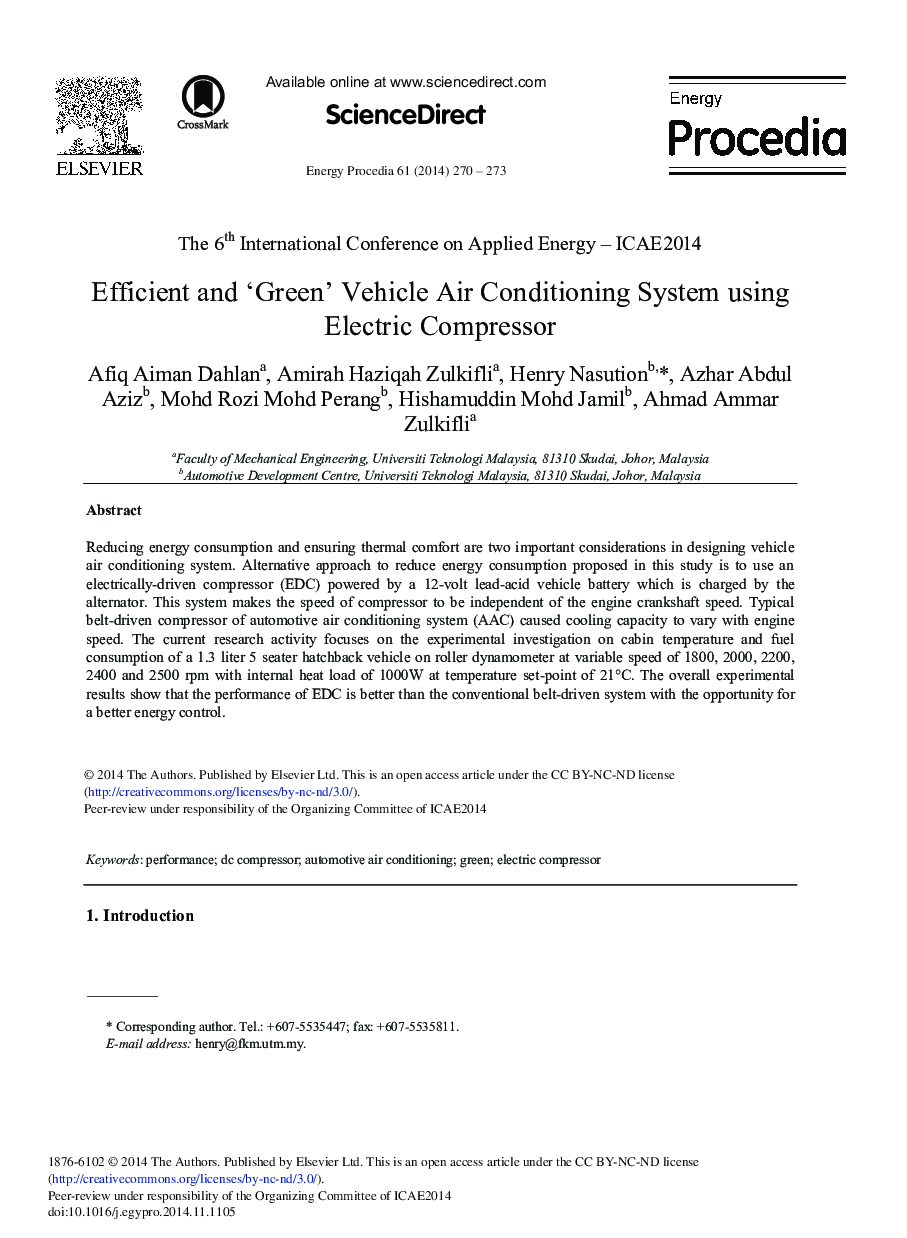 Efficient and ‘Green’ Vehicle Air Conditioning System Using Electric Compressor 