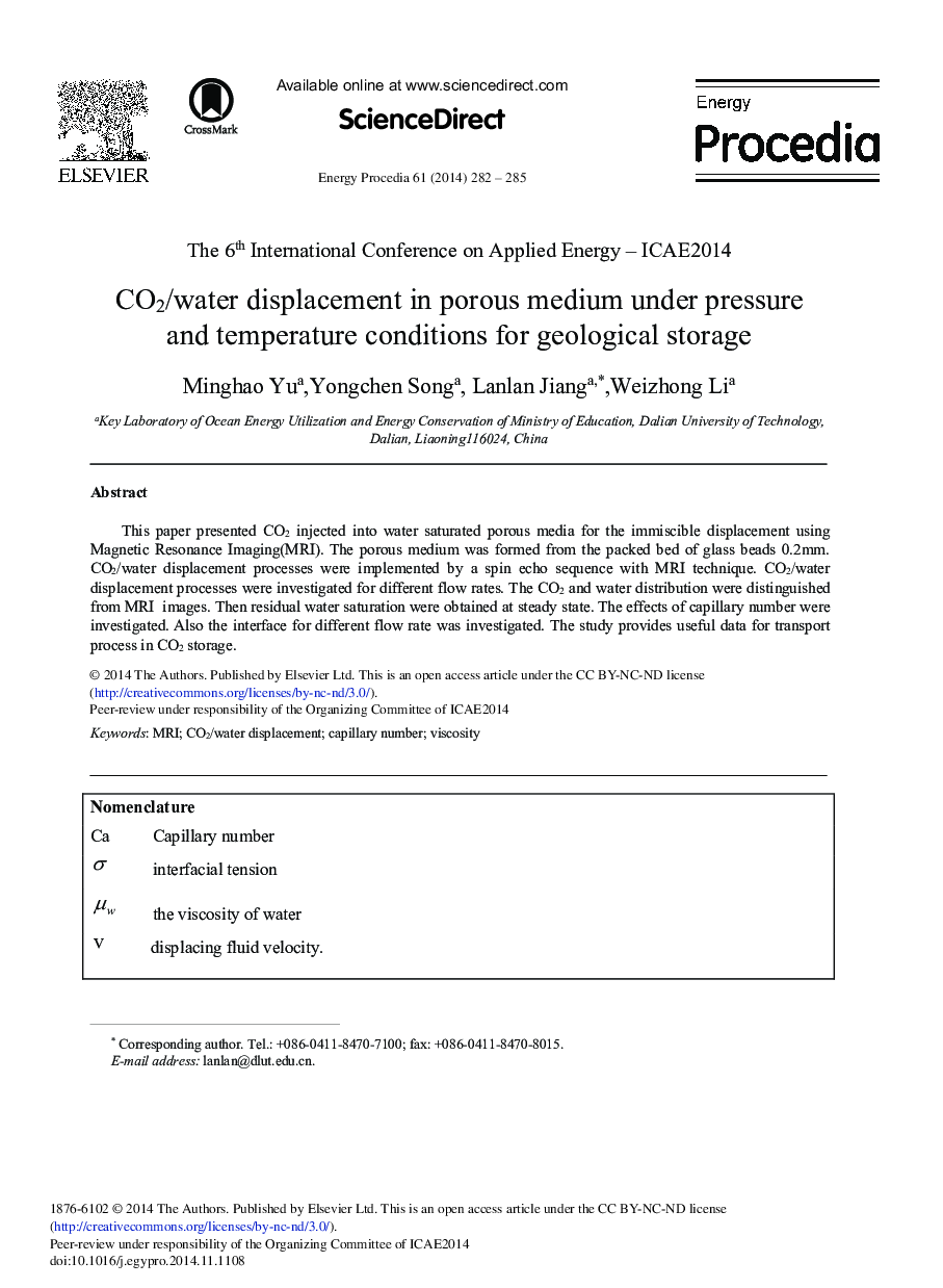CO2/Water Displacement in Porous Medium Under Pressure and Temperature Conditions for Geological Storage 