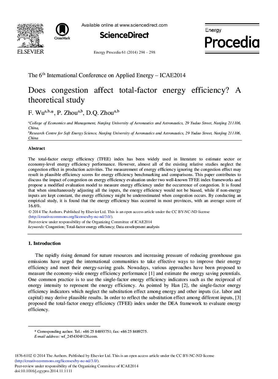 Does Congestion Affect Total-factor Energy Efficiency? A Theoretical Study 