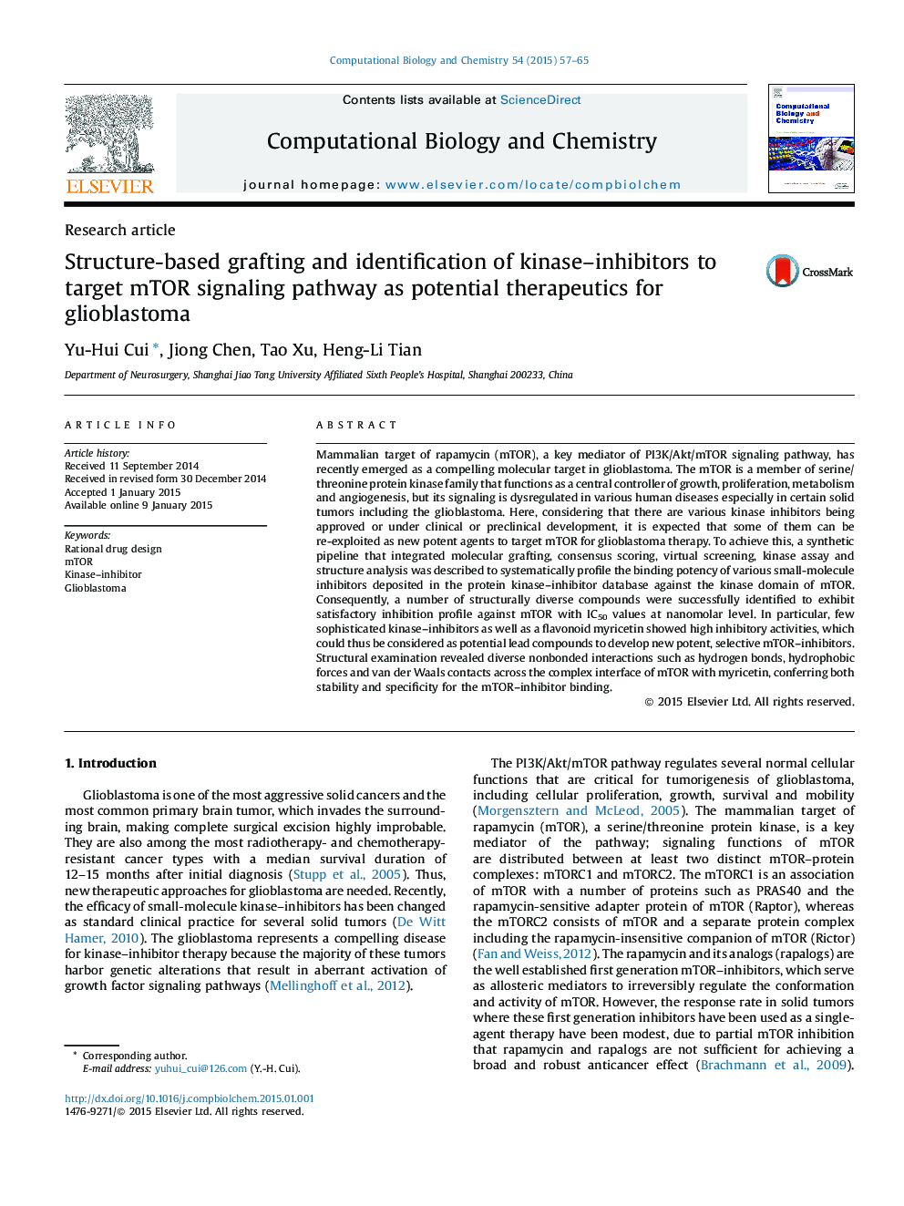 Structure-based grafting and identification of kinase–inhibitors to target mTOR signaling pathway as potential therapeutics for glioblastoma