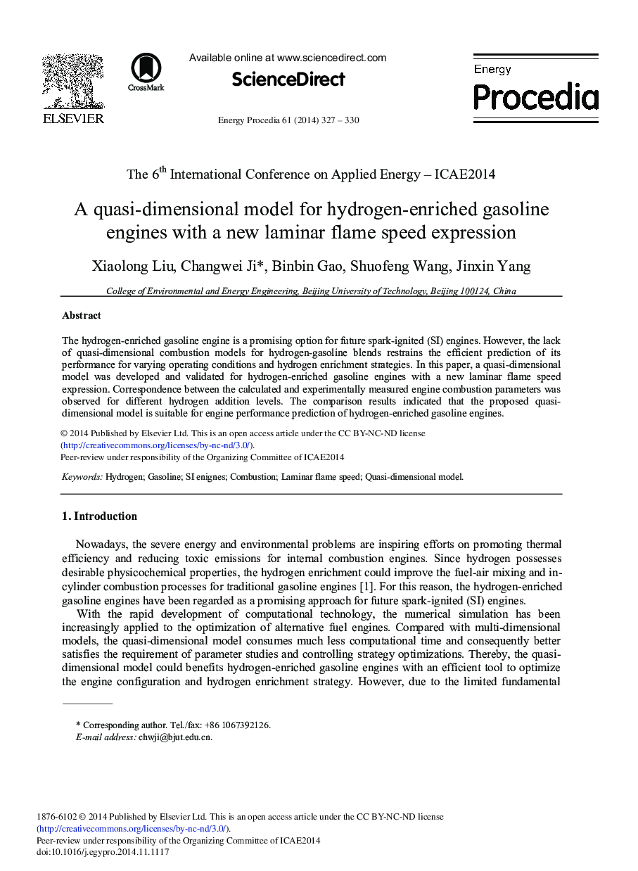 A quasi-dimensional model for hydrogen-enriched gasoline engines with a new laminar flame speed expression 