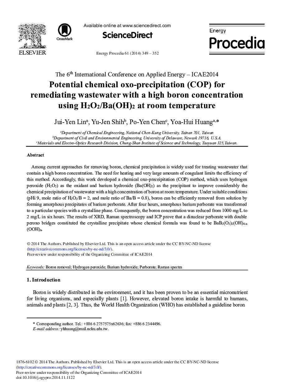 Potential Chemical Oxo-precipitation (COP) for Remediating Wastewater with a High Boron Concentration using H2O2/Ba(OH)2 at Room Temperature 