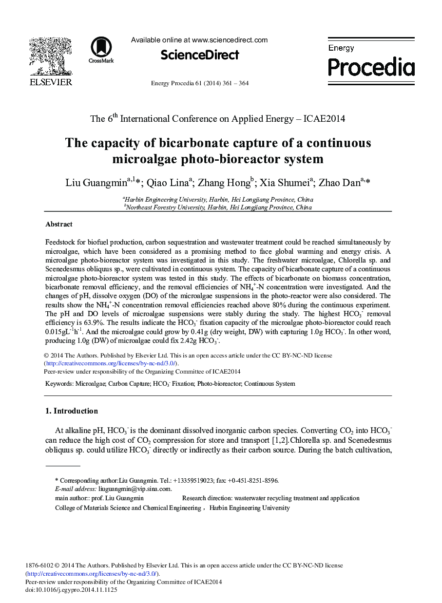 The Capacity of Bicarbonate Capture of a Continuous Microalgae Photo-bioreactor System 