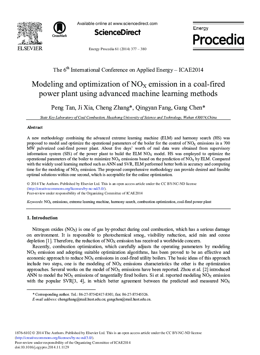 Modeling and Optimization of NOX Emission in a Coal-fired Power Plant using Advanced Machine Learning Methods 