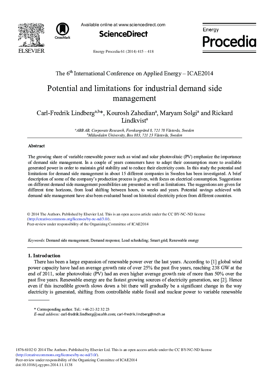 Potential and Limitations for Industrial Demand Side Management 