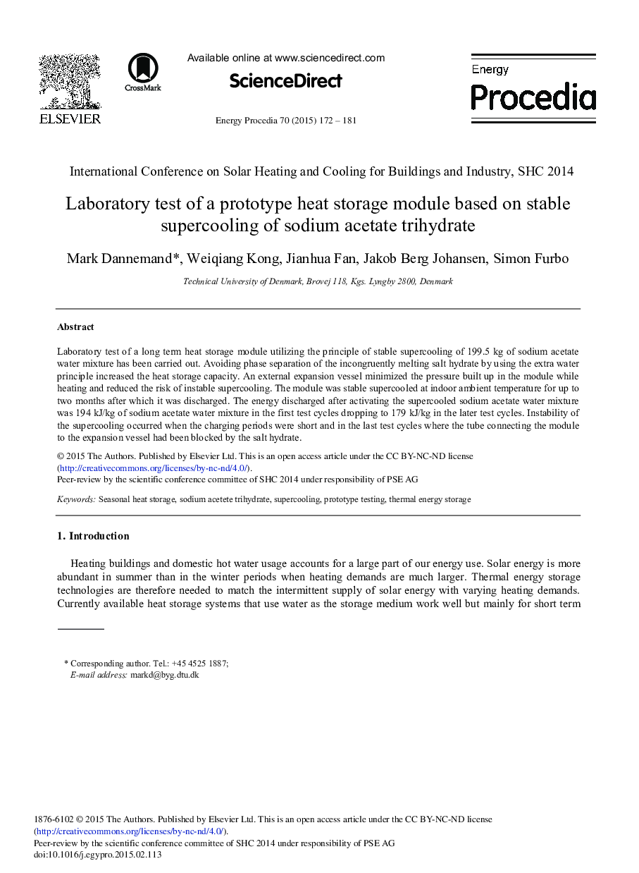 Laboratory Test of a Prototype Heat Storage Module Based on Stable Supercooling of Sodium Acetate Trihydrate 