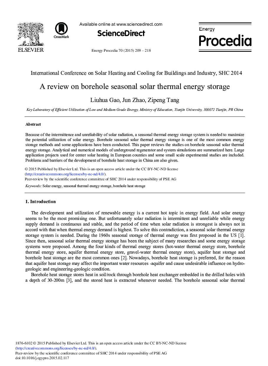 A Review on Borehole Seasonal Solar Thermal Energy Storage 