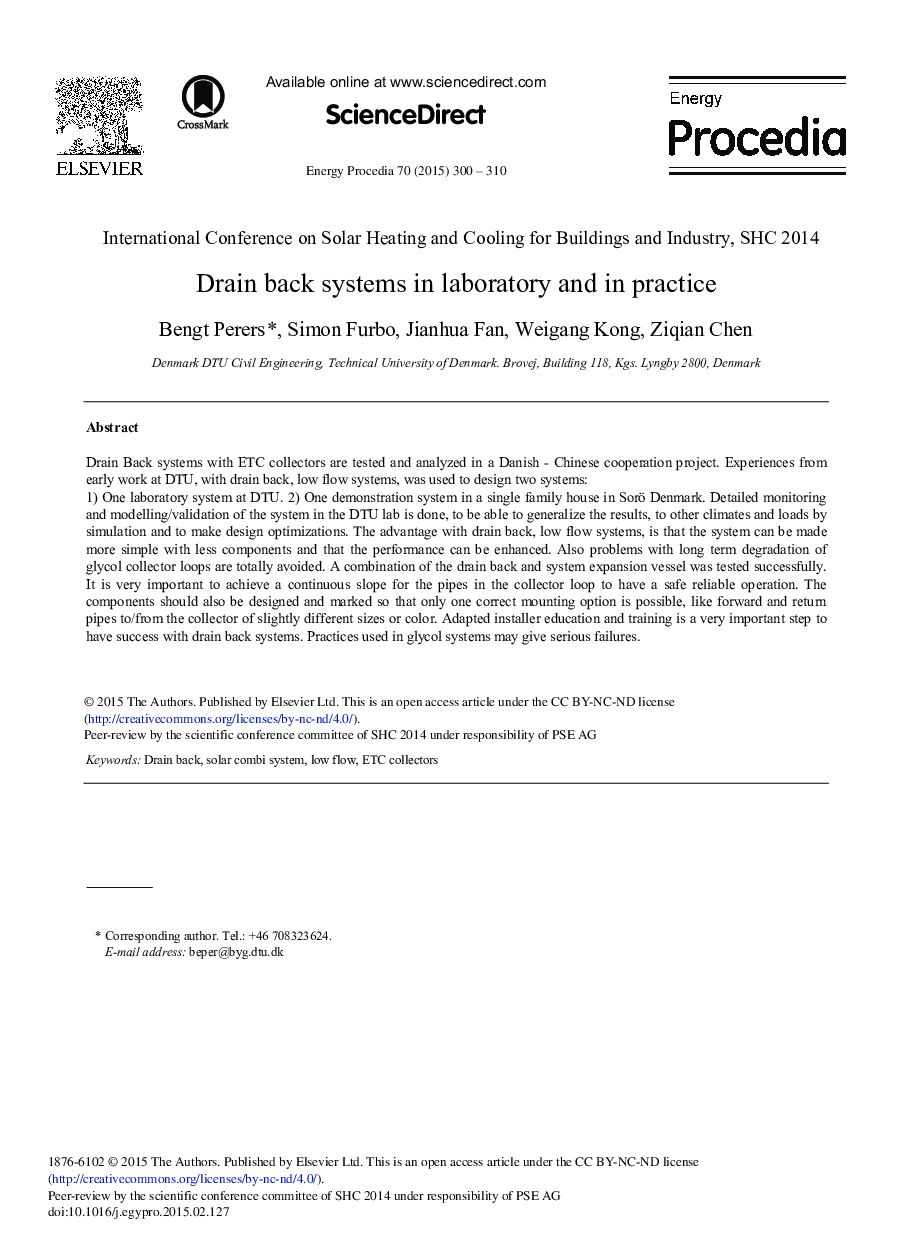 Drain Back Systems in Laboratory and in Practice 
