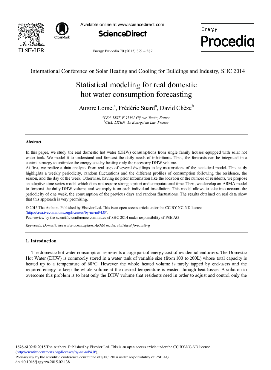 Statistical Modeling for Real Domestic Hot Water Consumption Forecasting 