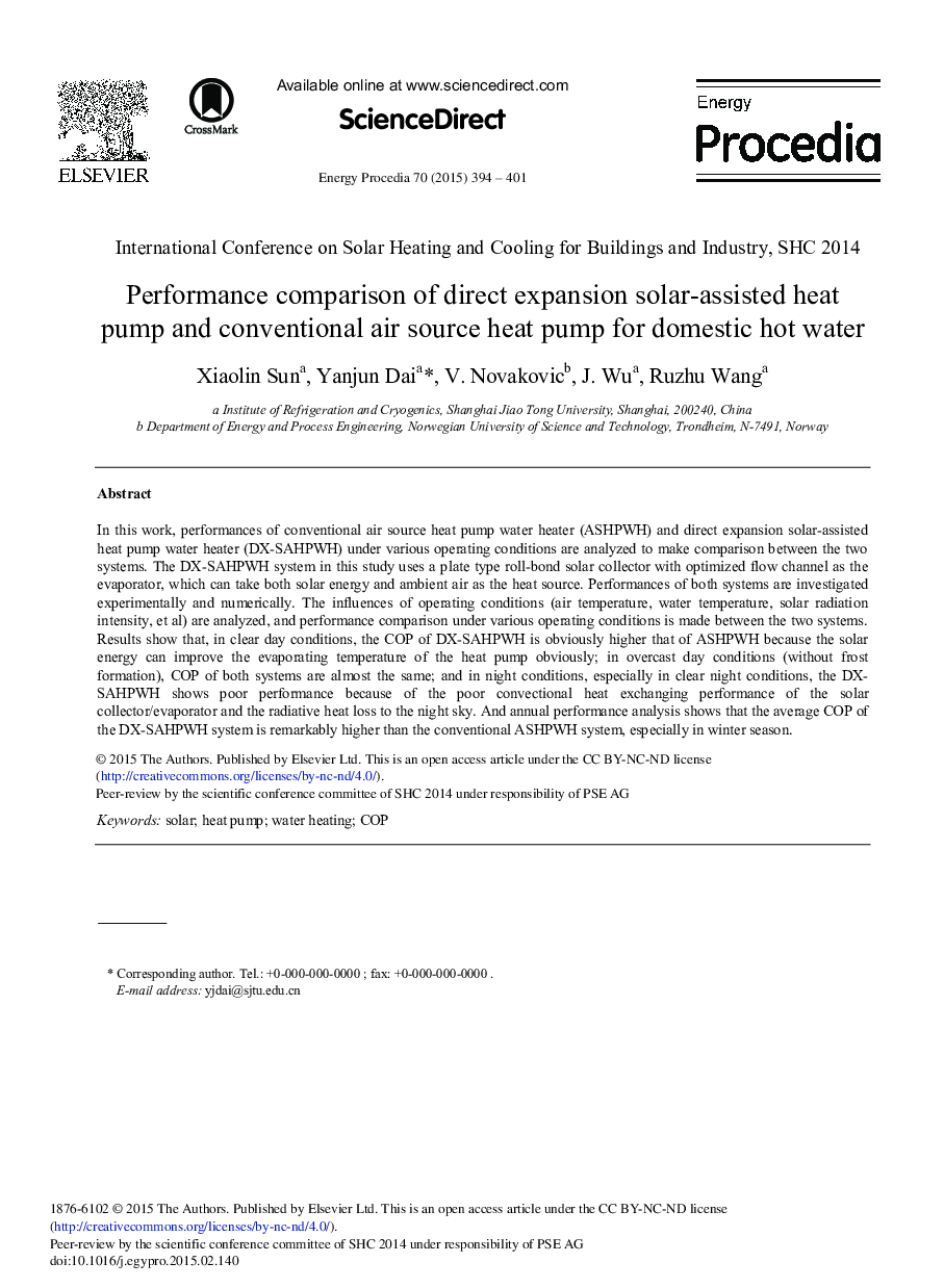 Performance Comparison of Direct Expansion Solar-assisted Heat Pump and Conventional Air Source Heat Pump for Domestic Hot Water 