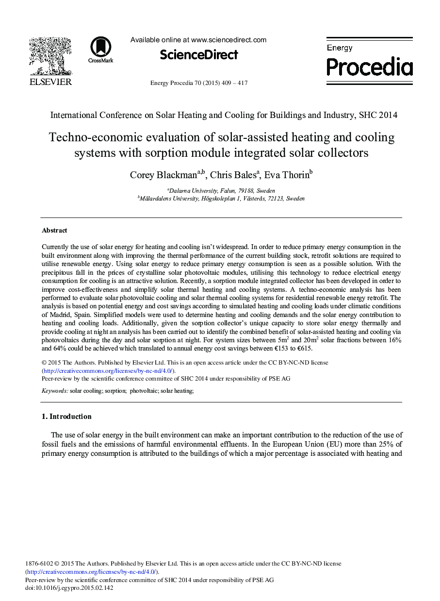 Techno-economic Evaluation of Solar-assisted Heating and Cooling Systems with Sorption Module Integrated Solar Collectors 