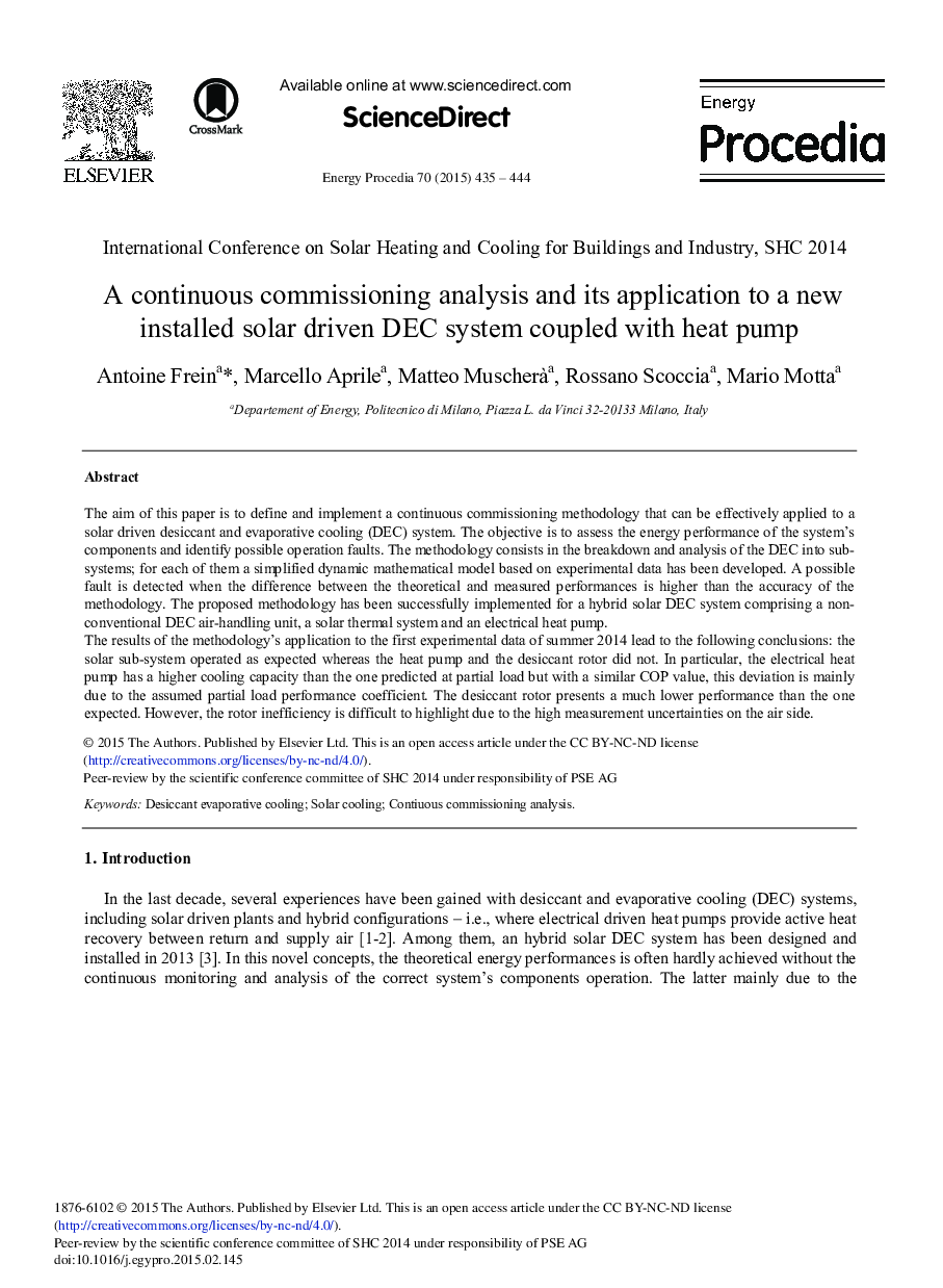 A Continuous Commissioning Analysis and its Application to a New Installed Solar Driven DEC System Coupled with Heat Pump 