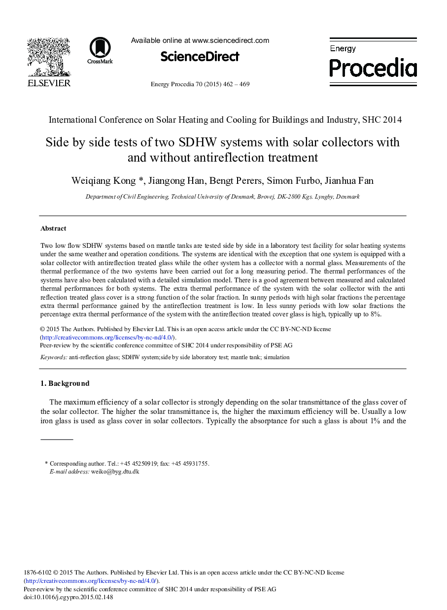 Side by Side Tests of two SDHW Systems with Solar Collectors with and Without Antireflection Treatment 