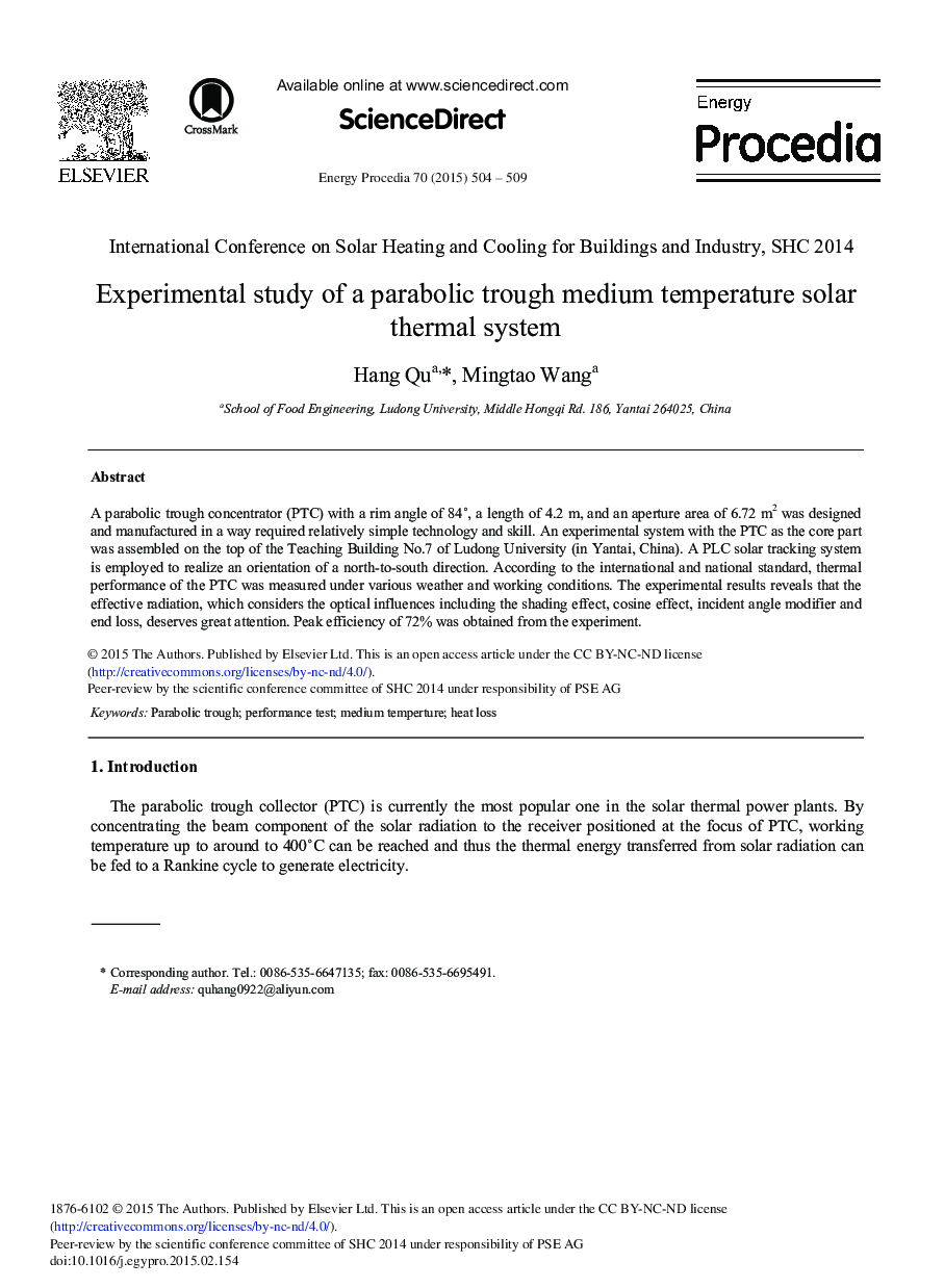 Experimental Study of a Parabolic Trough Medium Temperature Solar Thermal System 