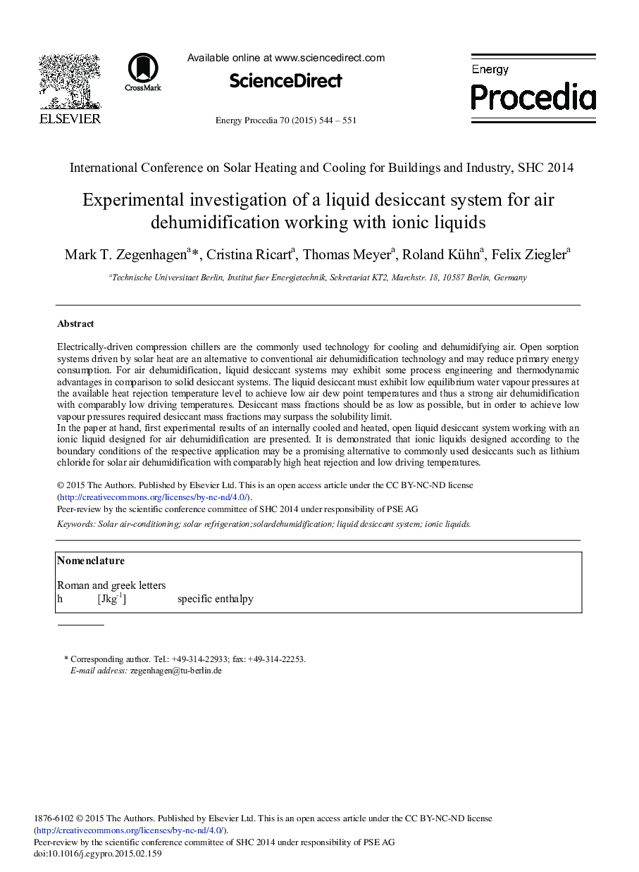 Experimental Investigation of A Liquid Desiccant System for Air Dehumidification Working With Ionic Liquids 