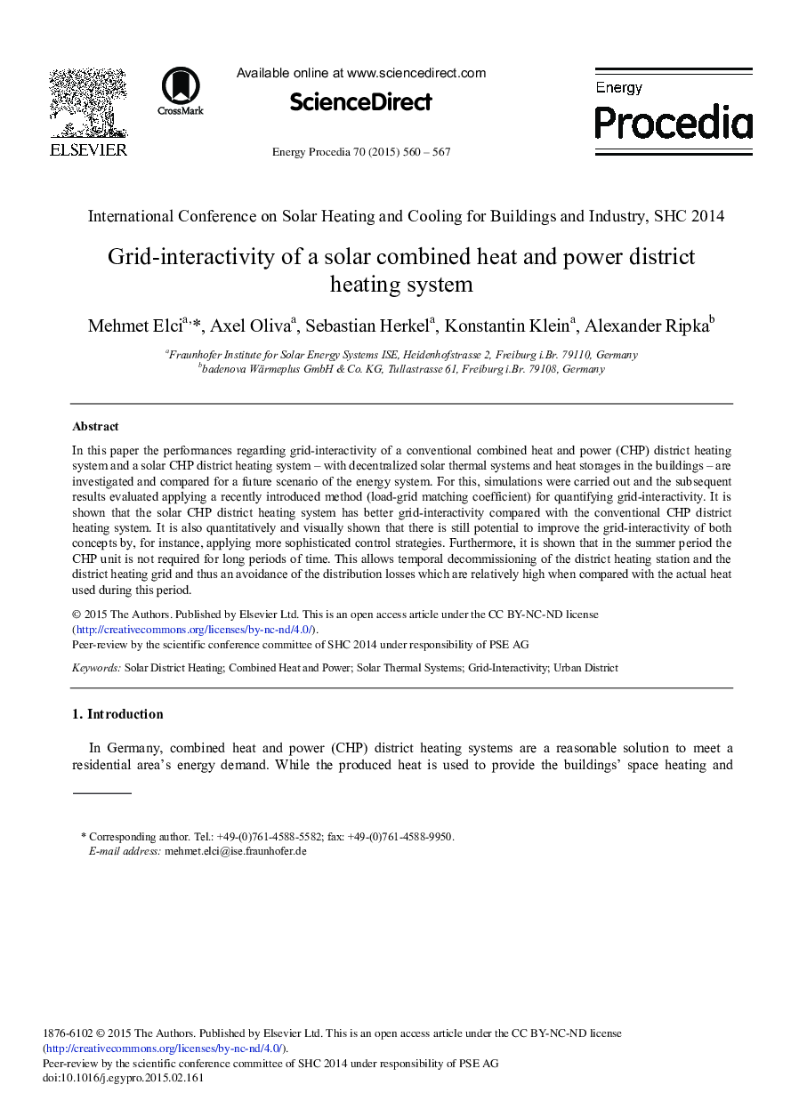 Grid-interactivity of a Solar Combined Heat and Power District Heating System 