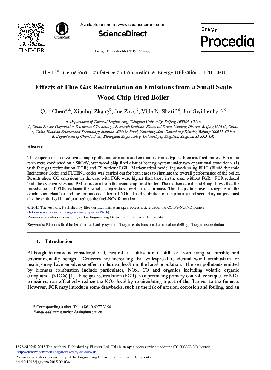 Effects of Flue Gas Recirculation on Emissions from a Small Scale Wood Chip Fired Boiler 