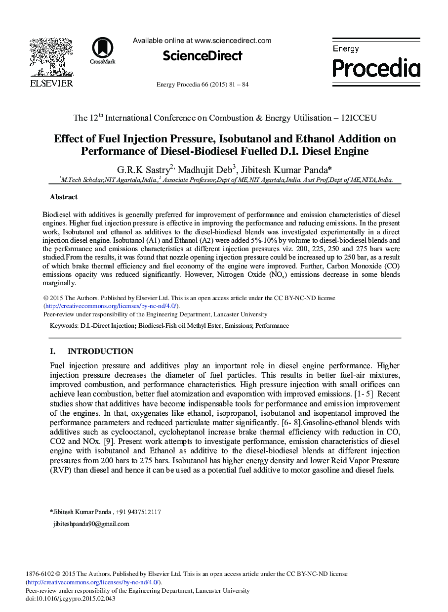 Effect of Fuel Injection Pressure, Isobutanol and Ethanol Addition on Performance of Diesel-biodiesel Fuelled D.I. Diesel Engine 