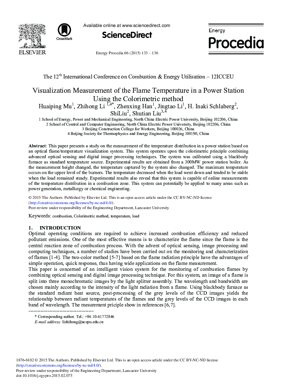 Visualization Measurement of the Flame Temperature in a Power Station Using the Colorimetric Method 