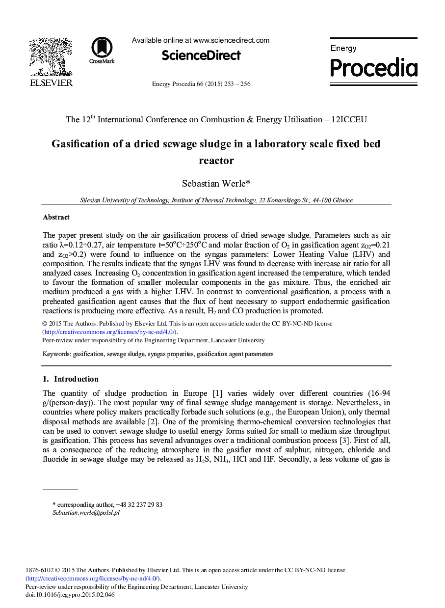 Gasification of a Dried Sewage Sludge in a Laboratory Scale Fixed Bed Reactor 
