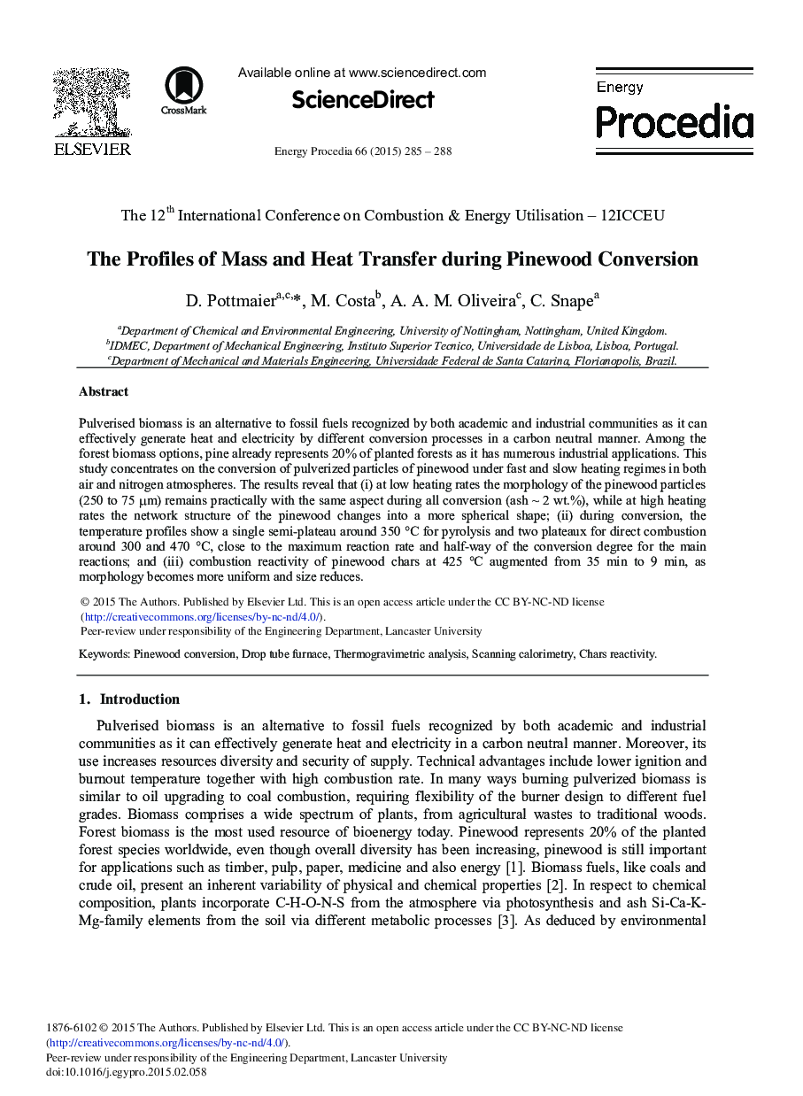 The Profiles of Mass and Heat Transfer during Pinewood Conversion 