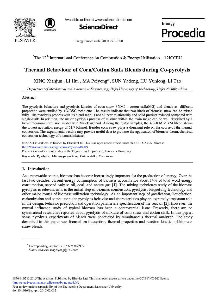 Thermal Behaviour of Corn/Cotton Stalk Blends during Co-pyrolysis 