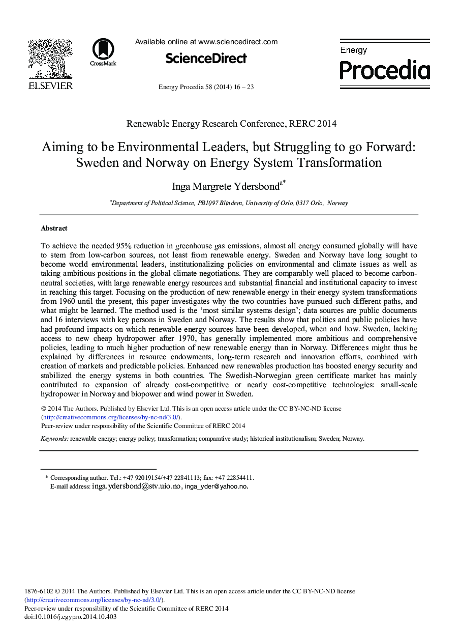 Aiming to be Environmental Leaders, but Struggling to go Forward: Sweden and Norway on Energy System Transformation 