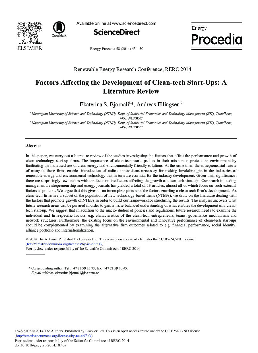 Factors Affecting the Development of Clean-tech Start-ups: A Literature Review 