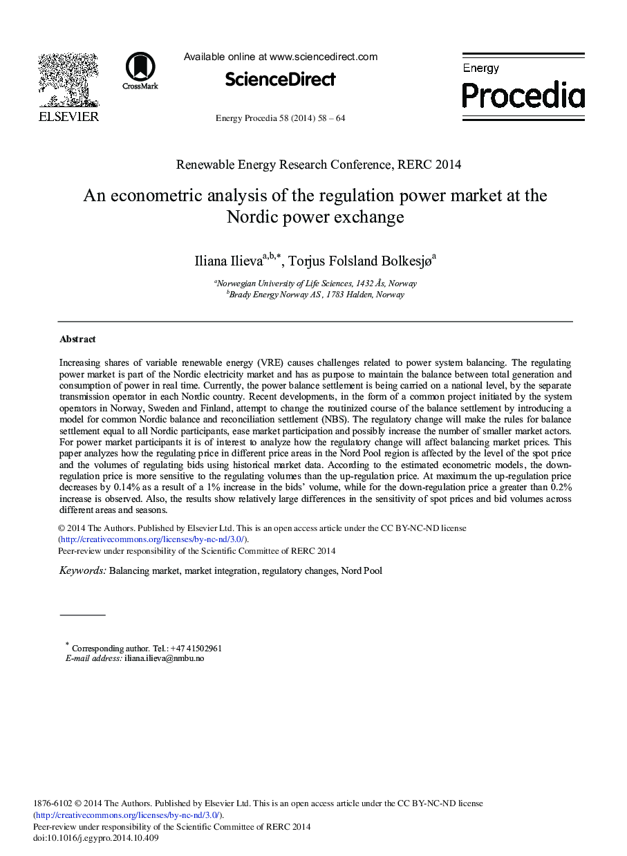 An Econometric Analysis of the Regulation Power Market at the Nordic Power Exchange 