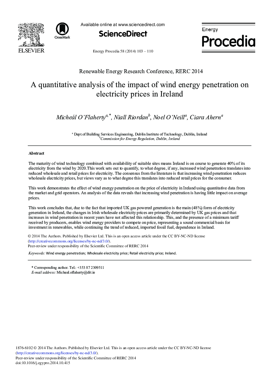 A Quantitative Analysis of the Impact of Wind Energy Penetration on Electricity Prices in Ireland 