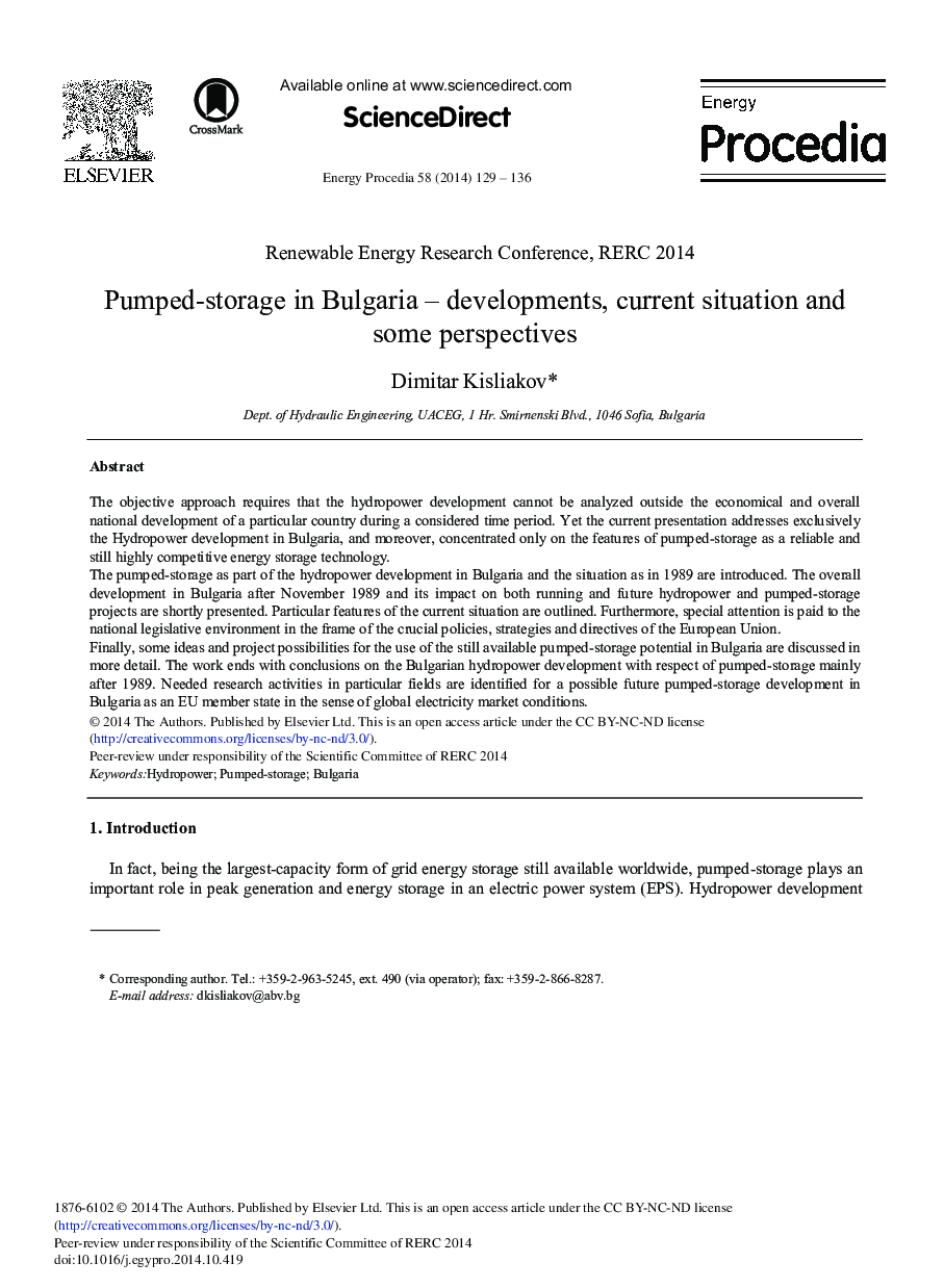 Pumped-storage in Bulgaria – Developments, Current Situation and Some Perspectives 