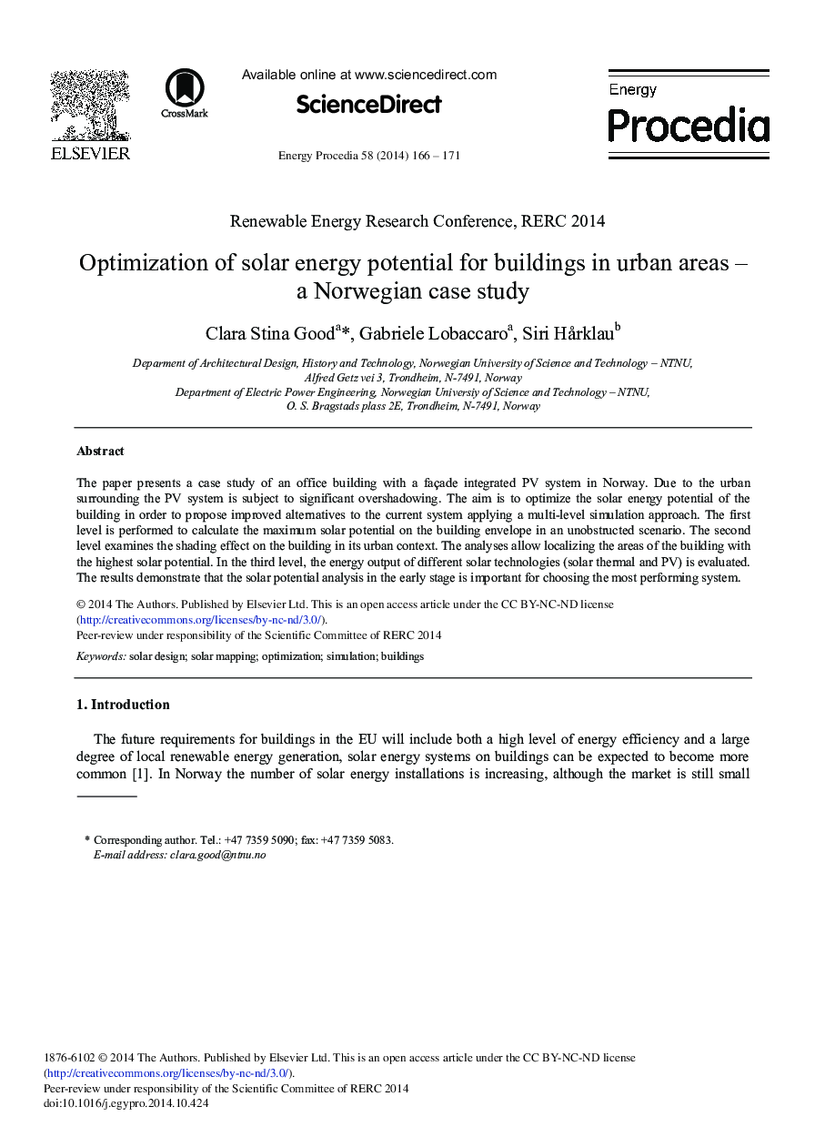Optimization of Solar Energy Potential for Buildings in Urban Areas – A Norwegian Case Study 