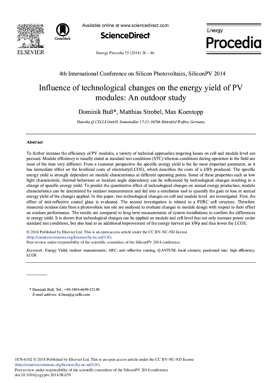 Influence of Technological Changes on the Energy Yield of PV Modules: An Outdoor Study