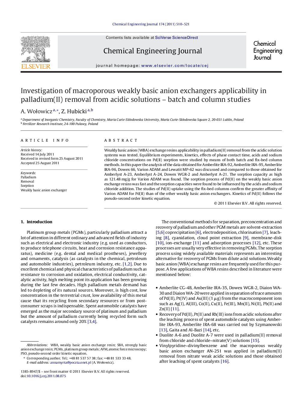 Investigation of macroporous weakly basic anion exchangers applicability in palladium(II) removal from acidic solutions – batch and column studies