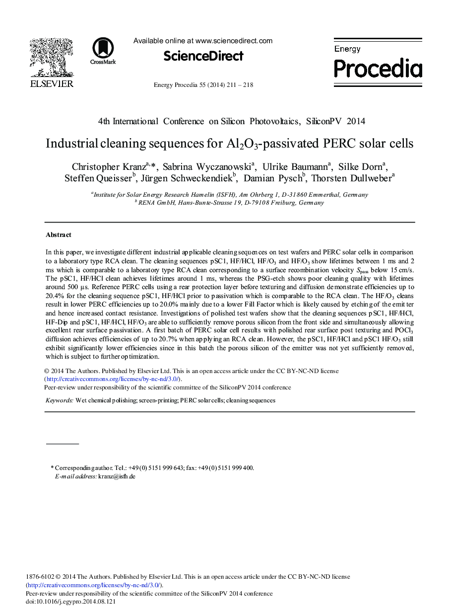 Industrial Cleaning Sequences for Al2O3-passivated PERC Solar Cells 